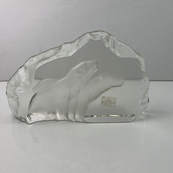 Vintage Viking Glass Clear Frosted Polar Bears Iceberg Paperweight Sculpture - Picture 1 of 8